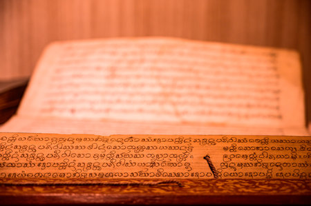 CHIANG MAI, THAILAND - February 11, 2021 : Lanna Alphabet in Ancient Book, Chiang Mai Province.