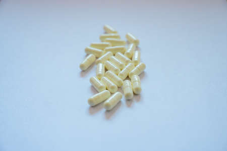 Medical White Capsules on White Background, Thailand.の写真素材