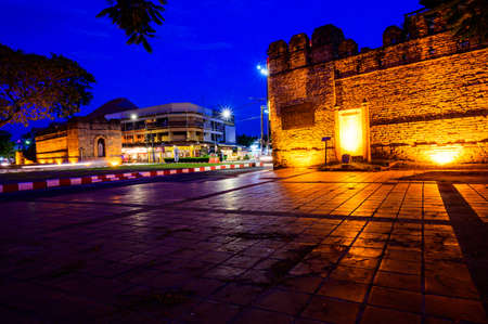 CHIANG MAI, THAILAND - May 10, 2021 : Chang Phuak Gate at Night in Chiang Mai Province, Thailand.のeditorial素材