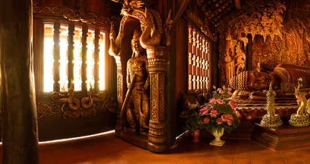 Panorama Image of Wood Carving Art in Wat Luang Khun Win, Chiangmai Province.のeditorial素材