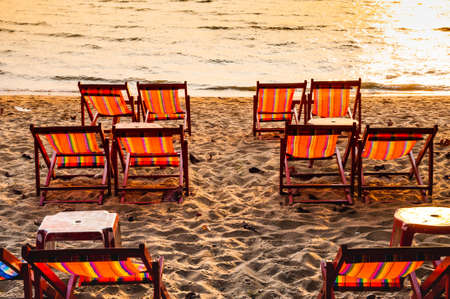 Trampoline beds and empty beach in Chonburi province, Thailand.