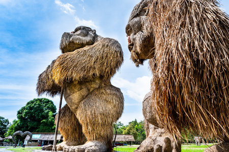CHIANG MAI, THAILAND - July 19, 2022 : King Kong Statues made from rice straw beside Huay Tueng Thao...