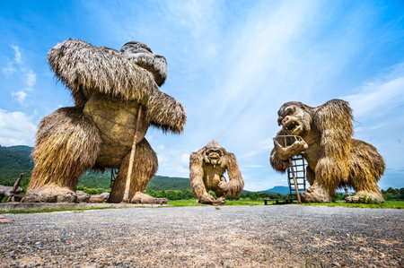 CHIANG MAI, THAILAND - July 19, 2022 : King Kong Statues made from rice straw beside Huay Tueng Thao Lake, Chiang Mai Provinceのeditorial素材