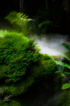 Small pond with cold steam in the garden, Chiang Mai province.の写真素材