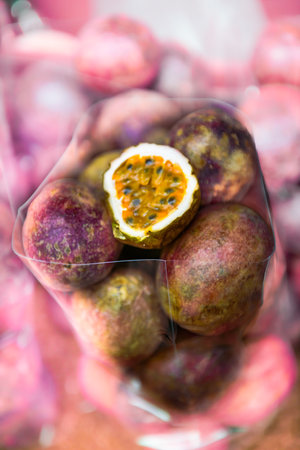 Fresh passion fruit in plastic bag