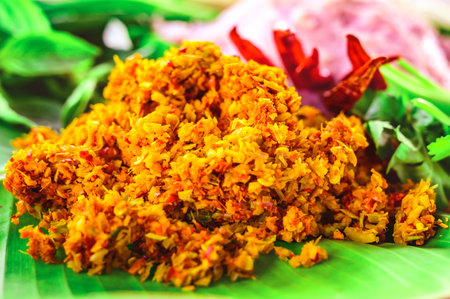 Food Series : Curry paste for making Northern Thai spicy sausage. Ingredients of Sai Aua. Brightly colored curry pastes are part of Thai food culture. Northern Thai grilled sausage.の写真素材