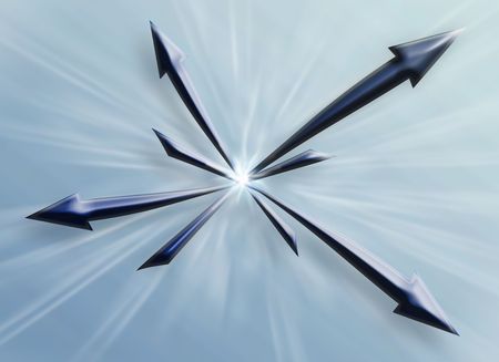 four grey-blue pointers directed in different directions on blue background 