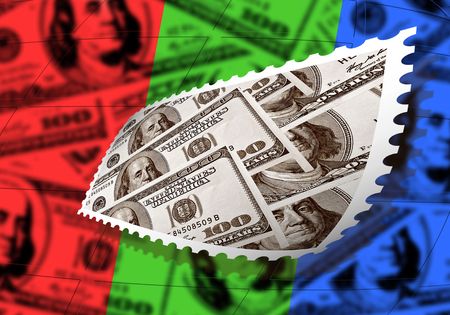 stamp with dollars picture on colored money backgroundの写真素材