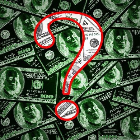 red question symbol on money background in negative の写真素材
