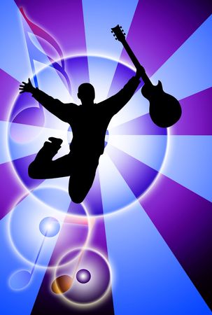 jumping man with guitar silhouette on abstract blue backgroundの写真素材