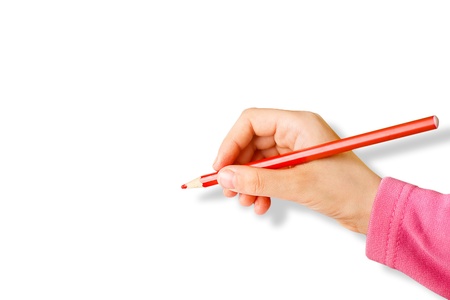 hand hold red pencil isolated on whiteの写真素材