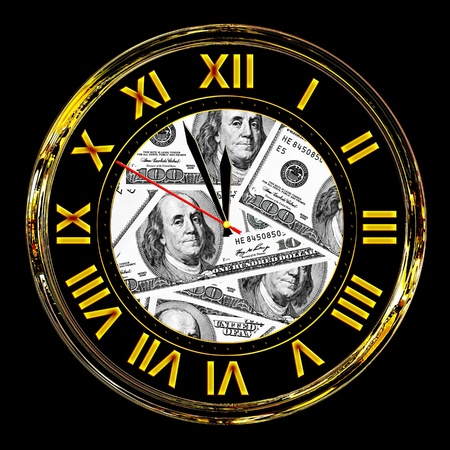gold clock with dollars picture isolated on black