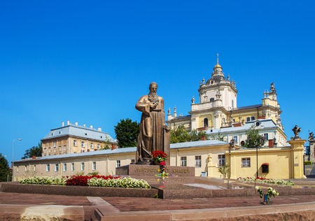Andrew Sheptytsky monument and st. George church in Lvov Ukraineのeditorial素材