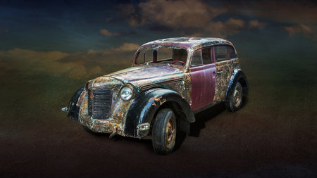 broken rusty vintage car on dark backgroundの写真素材