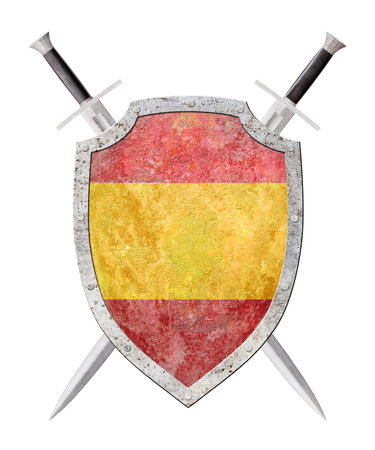 shield in the colors of the Spanish flag and two crossed swords isolated on whiteの写真素材