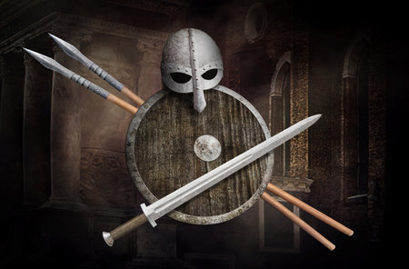 vikings helmet sword two lances and wooden shield on dark antique backgroundの写真素材