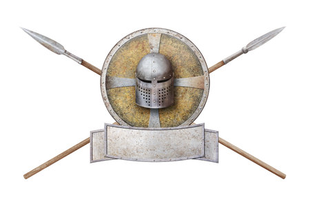 metal board and knight's helmet shield and two spears isolated on whiteの写真素材