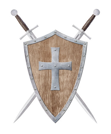 wooden shield decorated with metal cross and two swords isolated on white backgroundの写真素材