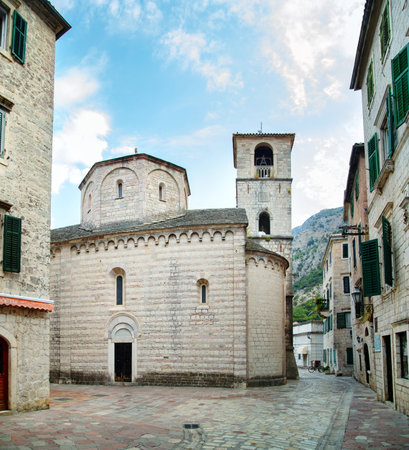 street without people in Kotor old town in Montenegroの写真素材