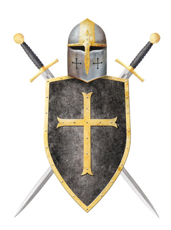 knight's shield decorated with goldenl cross helmet and two swords isolated on whiteの写真素材