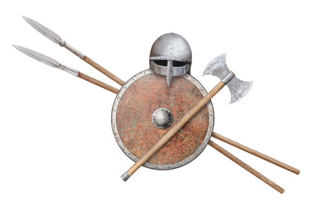 viking's helmet shield axe and two spears isolated on white