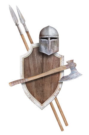 helmet battleaxe wooden shield and two lances isolated on whiteの写真素材