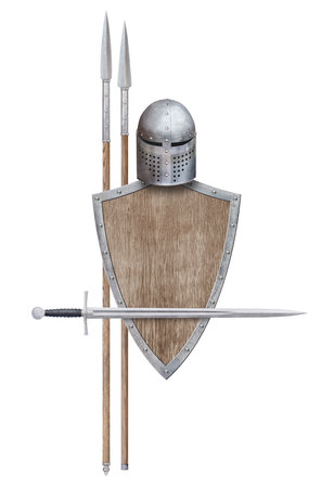 knight's sword helmet wooden shield and two spears isolated on white backgroundの写真素材