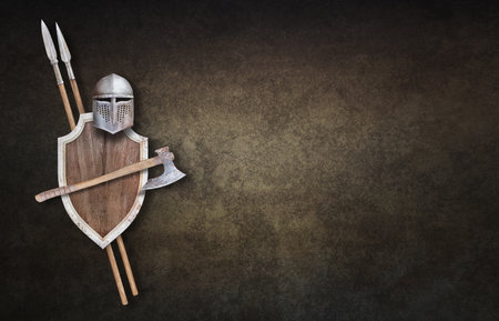 knight's helmet axe wooden shield and two spears on dark grunge background