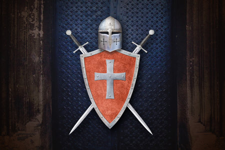 knight's helmet red shield and two swords on ancient door background