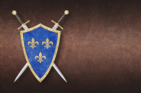 blue shield decorated with three golden heraldic lilies and two swords on grunge backgroundの写真素材