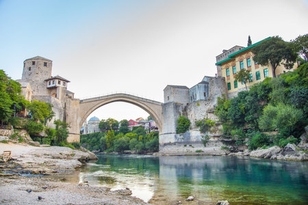 old bridge over Neretva river in Mostar in Bosnia and Herzegovinaの写真素材