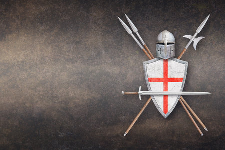 knight's sword helmet shield two spears and halberd on dark grunge backgroundの写真素材