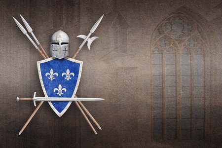 knight's sword helmet  blue shield with heraldic lilies two spears and halberd on grunge background