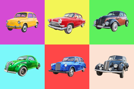 set of retro cars on multicolored backgroundの写真素材