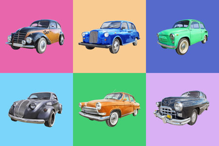 collection of retro cars on multicolored backgroundの写真素材