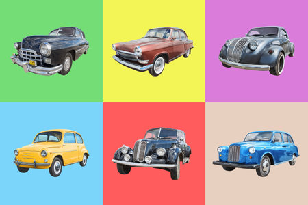 set of retro cars on multicolored backgroundの写真素材
