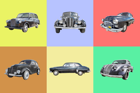 collection of black retro cars on icolor backgroundの写真素材