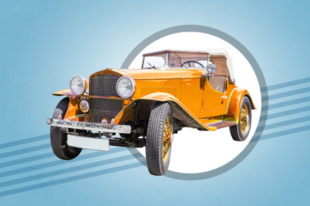 yellow retro car on blue geometric backgroundの写真素材