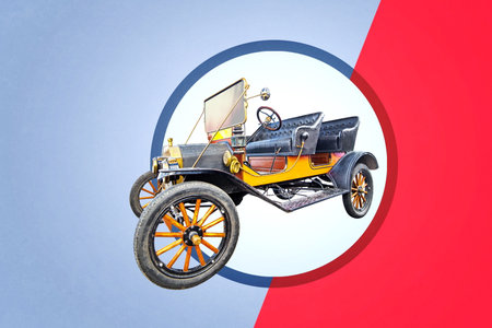 yellow retro car on blue red background