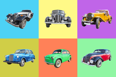 collection of retro cars on color backgroundの写真素材