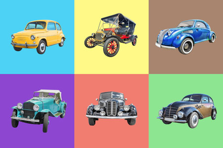 collection of retro cars on color backgroundの写真素材