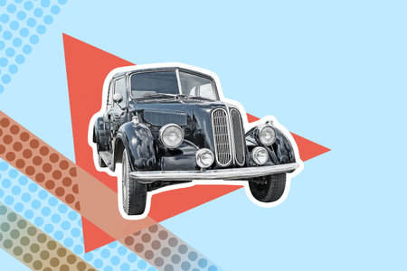 black retro car on geometric shape background