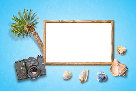 wooden photo frame retro camera palm tree and sea shells on blue backgroundの写真素材
