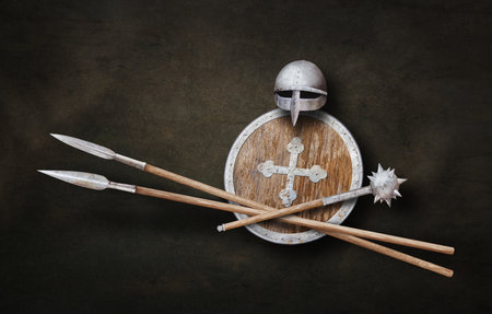 viking`s weapon on dark grunge backgroundの写真素材
