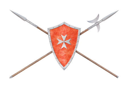 red shield decorated with a metal cross spear and halberd isolated on whiteの写真素材
