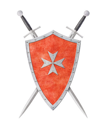 two swords and red shield decorated with maltese cross isolated on whiteの写真素材