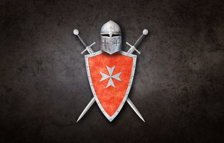 knight helmet red shield with iron cross and two swords on grunge backgroundの写真素材