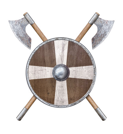 two axes and round wooden shield isolated on whiteの写真素材