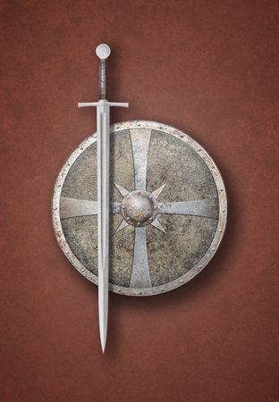 sword and round metal shield  on dark backgroundの写真素材