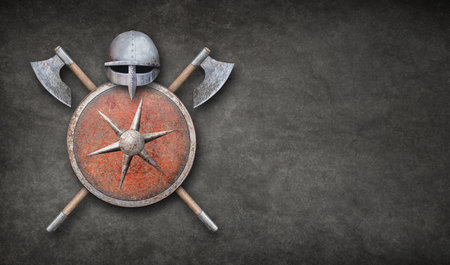 ancient viking armor on dark grunge backgroundの写真素材